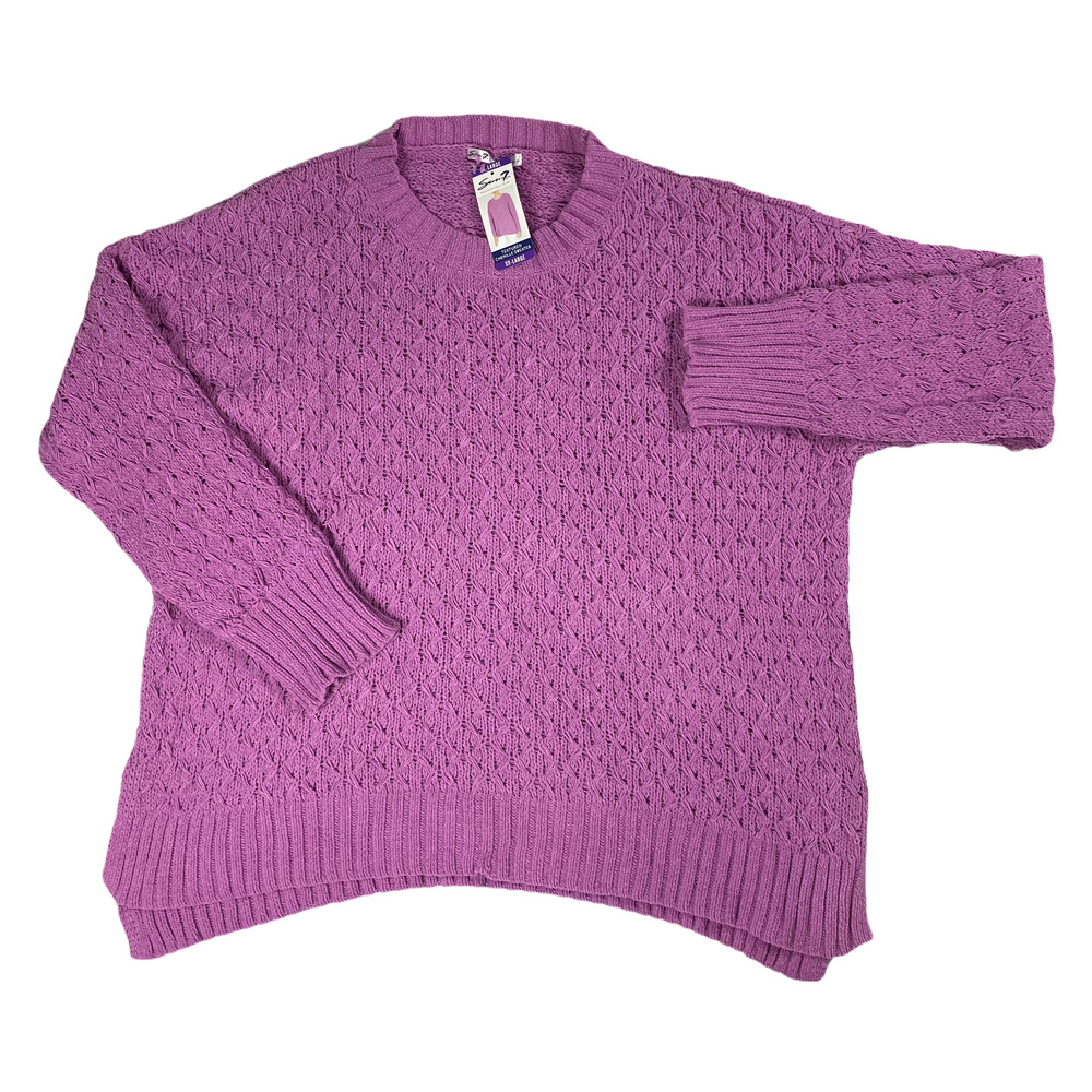 XXL Purple Textured Chenille Knit Crew Neck Long Sleeve Pullover Sweater Top